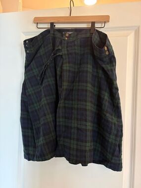 Plaid Midi Skirt in Navy and Green with Side Button Detail